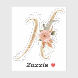 Monogram, Initial H Gold Glitzer Peony Rose Floral Aufkleber