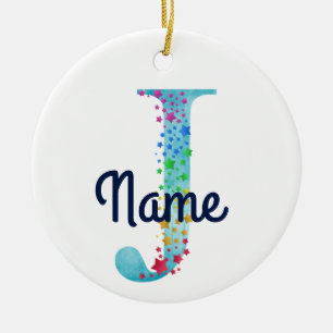 Monogram Initial J Rainbow Star Design Keramik Ornament
