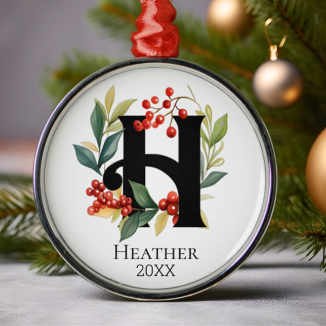Monogram Initial Letter H Berry Wreath Christmas Ornament Aus Metall (Von Creator hochgeladen)