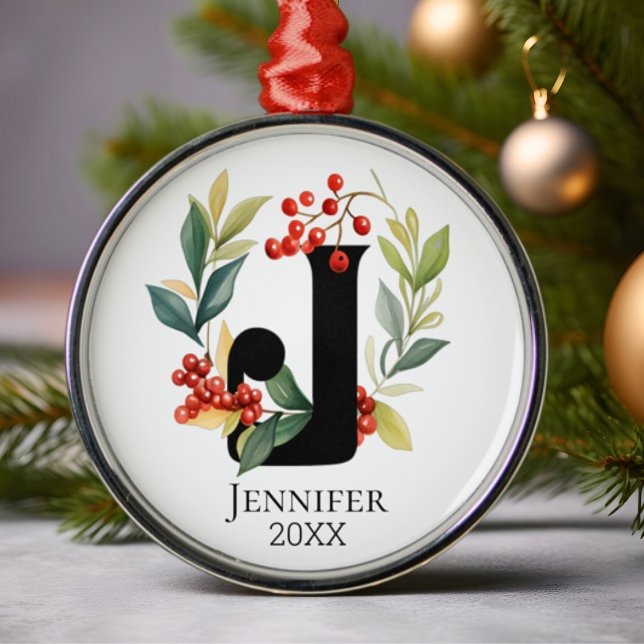 Monogram Initial Letter J Berry Wreath Christmas Ornament Aus Metall (Von Creator hochgeladen)