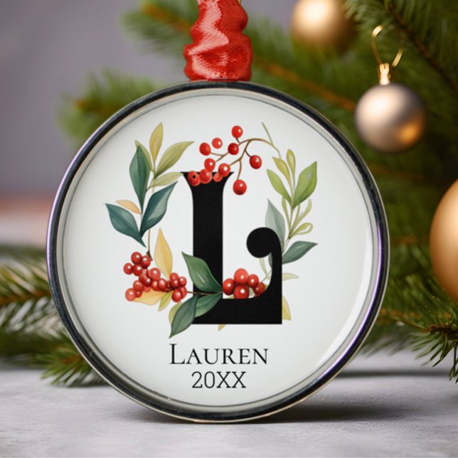 Monogram Initial Letter L Berry Wreath Christmas Ornament Aus Metall (Von Creator hochgeladen)