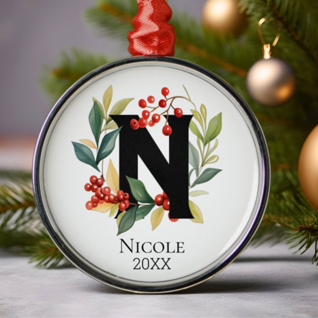 Monogram Initial Letter N Berry Wreath Christmas Ornament Aus Metall (Von Creator hochgeladen)