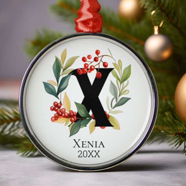 Monogram Initial Letter X Berry Wreath Christmas Ornament Aus Metall (Von Creator hochgeladen)
