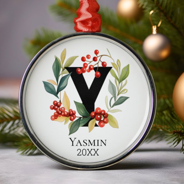 Monogram Initial Letter Y Berry Wreath Christmas Ornament Aus Metall (Von Creator hochgeladen)