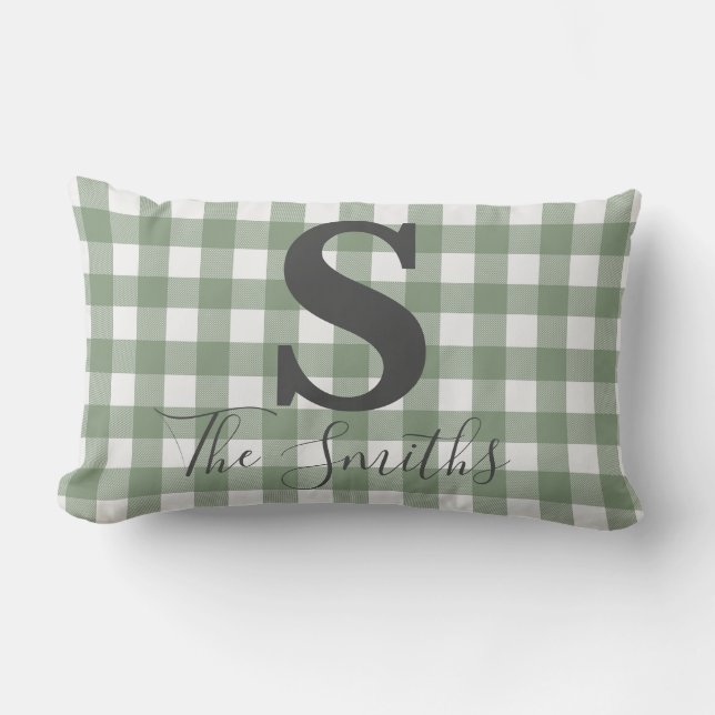 Monogram Initial Light Green Buffalo Kariert Lendenkissen (Vorderseite)