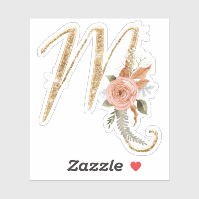 Monogram Initial M Gold Glitzer Peony Rose Floral Aufkleber (Blatt)