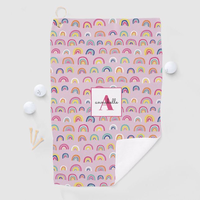 Monogram Initial Pink Rainbow Golf Handtuch (Insitu)