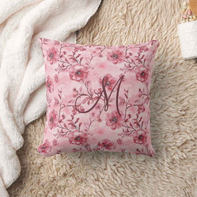 Monogram Initial Pink Rose Burgundy Florals Kissen (Decke)