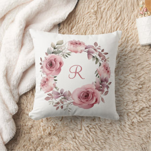 Monogram, Initial Pink Roses Grüne Wasserfarbe Kissen