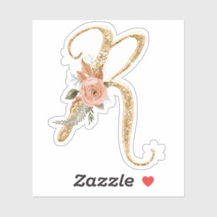 Monogram Initial R Gold Glitzer Peony Rose Floral Aufkleber