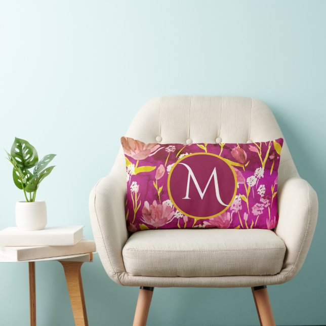 Monogram Initial Romantic Burgundy Floral Lendenkissen (Stuhl )