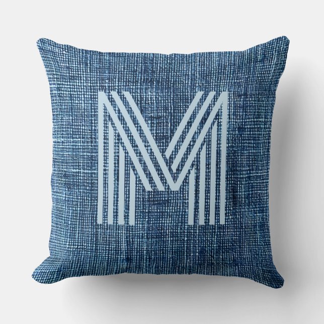 Monogram Initial Rustic Blue Denim Large Kissen (Vorderseite)