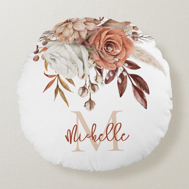 Monogram Initial Rustic Terracotta Florals Rundes Kissen (Vorderseite)