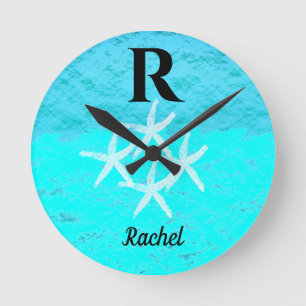 Monogram Initial Starfish Aquamarin Türkis Pastel Runde Wanduhr