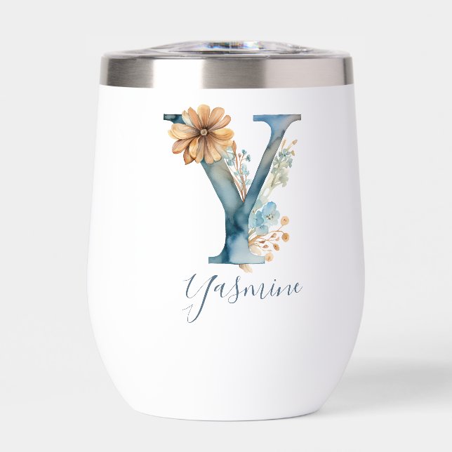 Monogram Initial Y Blue Floral Watercolor Geschenk (Vorderseite)
