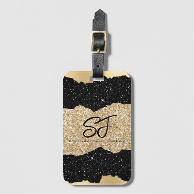 Monogram-Initialen auf Black and Gold Glitzer Gepäckanhänger (Vorderseite Vertikal)