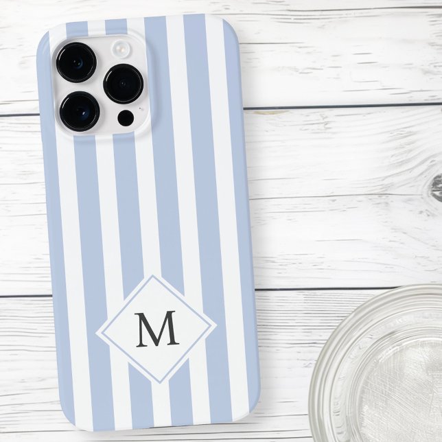 Monogram Initialen staubige hellblaue Streifen Case-Mate iPhone 14 Pro Max Hülle (Monogram initials dusty light blue white stripes Case-Mate iPhone case)