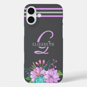 MONOGRAM Initialen Streifen Dunkelgrau iPhone 16 Plus Hülle