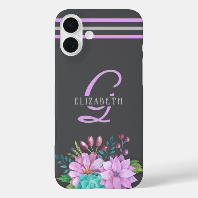 MONOGRAM Initialen Streifen Dunkelgrau iPhone 16 Plus Hülle (Rückseite)