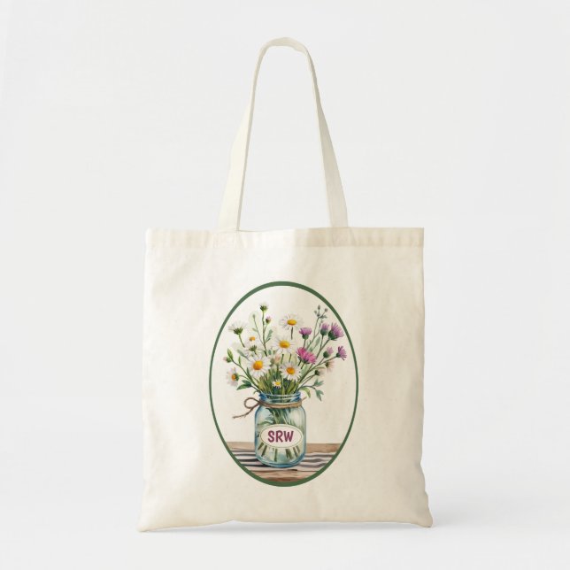 Monogram-Initials Anpassen von Wildblumen Mason Ja Tragetasche (Vorne)