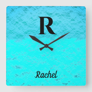 Monogram Initials Aquamarin Blue Türkise Pastel O Quadratische Wanduhr