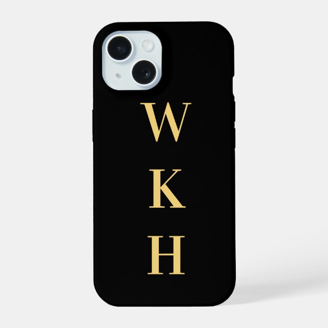 Monogram Initials Black Gold iPhone 15 Hülle (Rückseite)