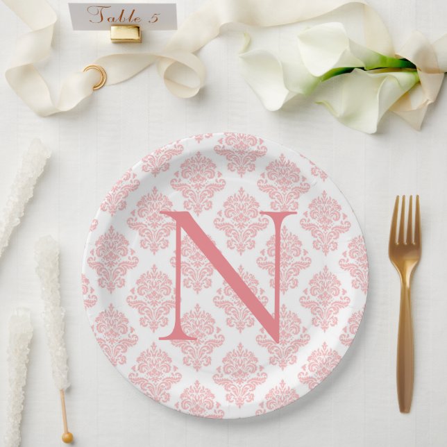 Monogram Initials Damask Pastel Peach Pappteller (Hochzeit)