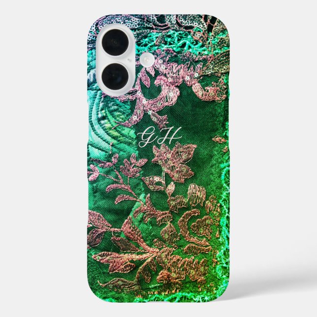 Monogram Initials Elegant Blumengrün Rose Gold iPhone 16 Hülle (Rückseite)