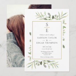 Monogram Initials Greenerage Foliage Foto Hochzeit Einladung