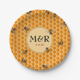 Monogram Initials Honeycomb Bees Gold Pappteller