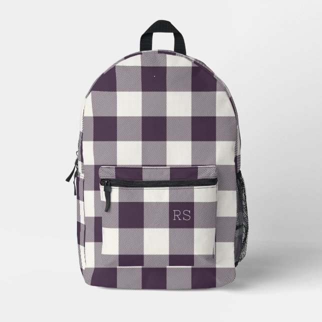 Monogram Initials Lila Gingham Buffalo Karo Bedruckter Rucksack (Vorderseite)