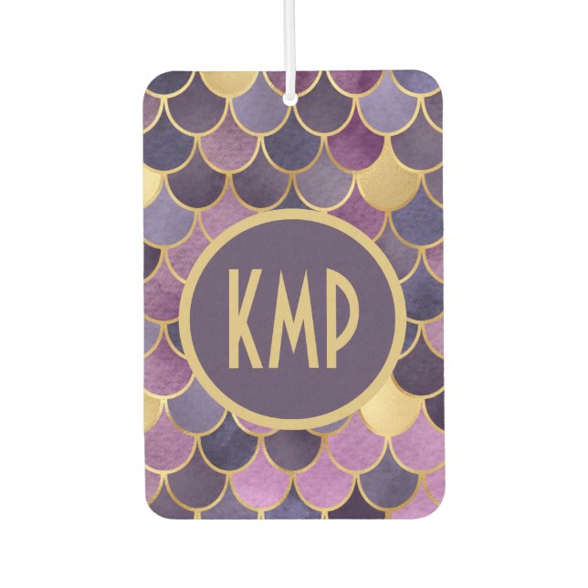 Monogram Initials Lila Gold Mermaid Scales Autolufterfrischer (Vorderseite)
