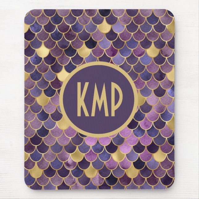 Monogram Initials Lila Gold Mermaid Scales Mousepad (Vorne)