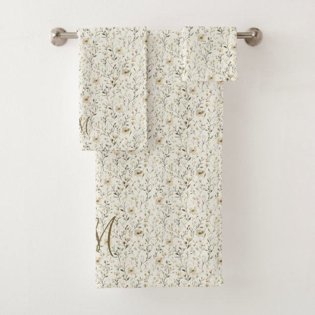 Monogram Initials Neutral Boho Florals Botanicals Badhandtuch Set (Insitu)