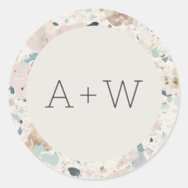 Monogram Initials Pastel Terrazzo Muster Hochzeit Runder Aufkleber