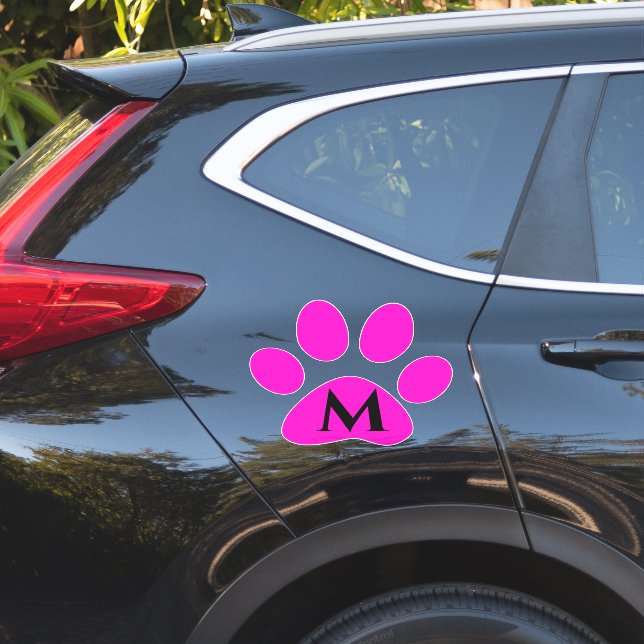 Monogram Initials Paw Prints Pink Black Niedlich Aufkleber (Auto Seite)
