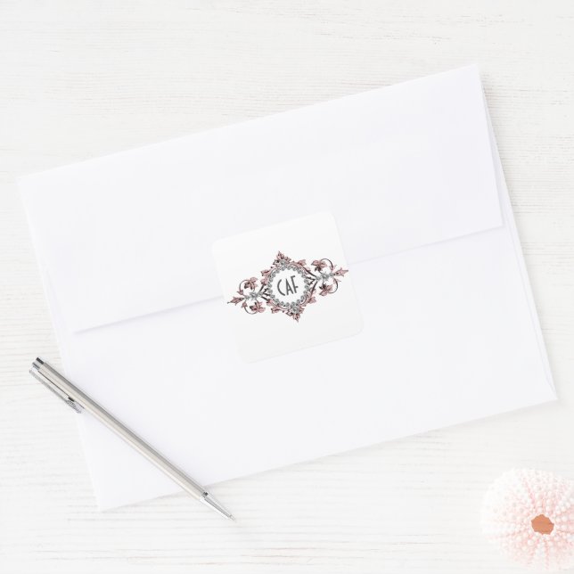 Monogram Initials Pink Gray Silver Umschlag Aufkle Quadratischer Aufkleber (Umschlag)