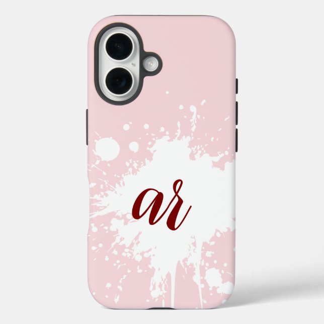 Monogram Initials Powder Pink White Splatter Girly iPhone 16 Hülle (Rückseite)