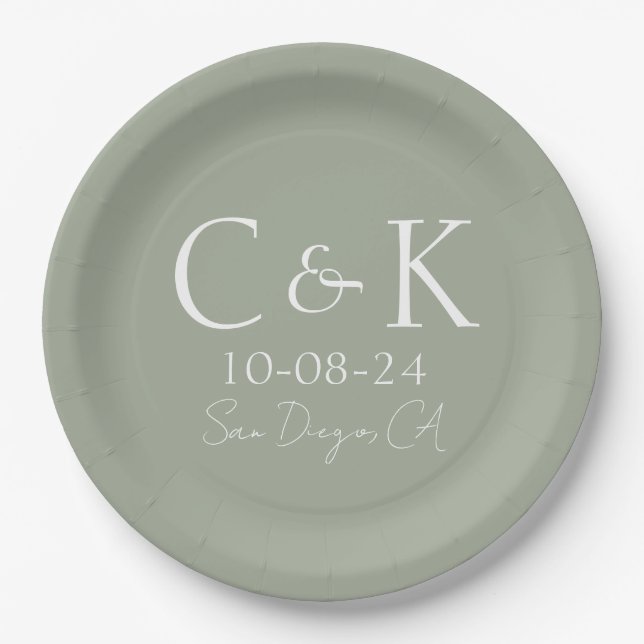 Monogram Initials Sage Green Wedding Pappteller (Vorderseite)