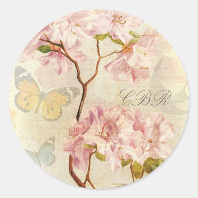 Monogram Initials Vintag Chic Elegant Floral Pink Runder Aufkleber (Vorderseite)