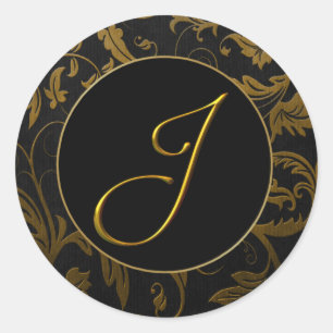 Monogram J Gold and Black Damask Wedding Siegel Runder Aufkleber