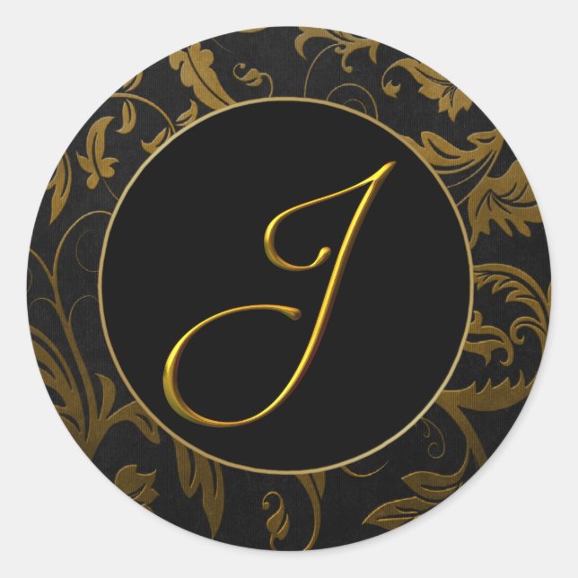 Monogram J Gold and Black Damask Wedding Siegel Runder Aufkleber (Vorderseite)