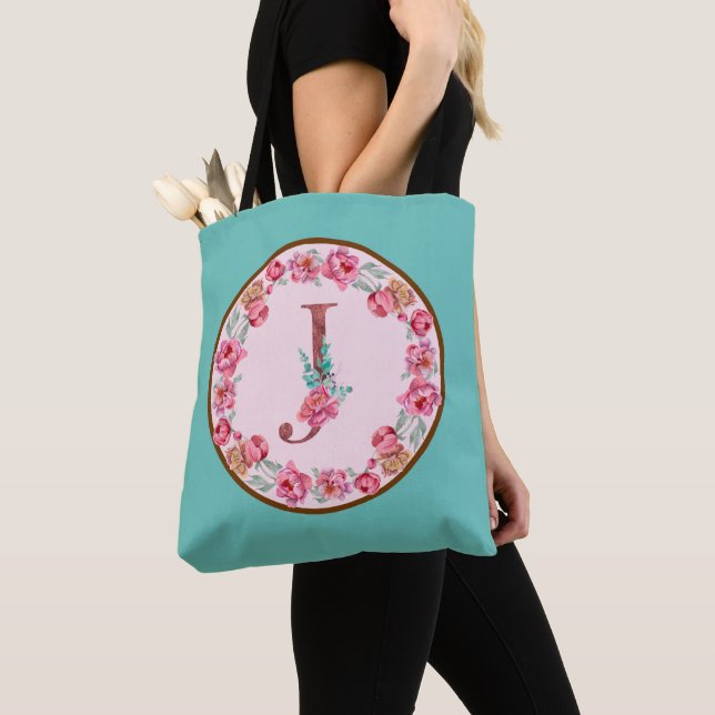 Monogram J Letter with Peony Blume Image Toag Tasche (Von Nahem)