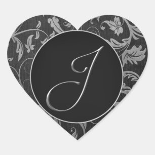 Monogram J Silver and Black Damask Wedding Siegel Herz-Aufkleber