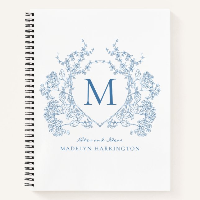 Monogram Journal des Royal Blue Floral Wappen Notizbuch (Vorderseite)