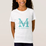 Monogram jr Junior Bridesmaid in Shirt für Mädchen<br><div class="desc">Personalisiertes Monogramm jr. Junior-Brautjungfrau für Shirts | Türkisblaue und weiße Farben. mit Monogramm T-Shirts mit individuelle Name in elegantem Skripttext. Personalisieren Sie für Braut,  Brautmädchen,  Blume,  Trauzeugin,  Ehrenmatron,  Brautmutter etc. Niedliche Idee für Hochzeitsfeier,  Brautparty und Junggeselinnen-Abschied.</div>