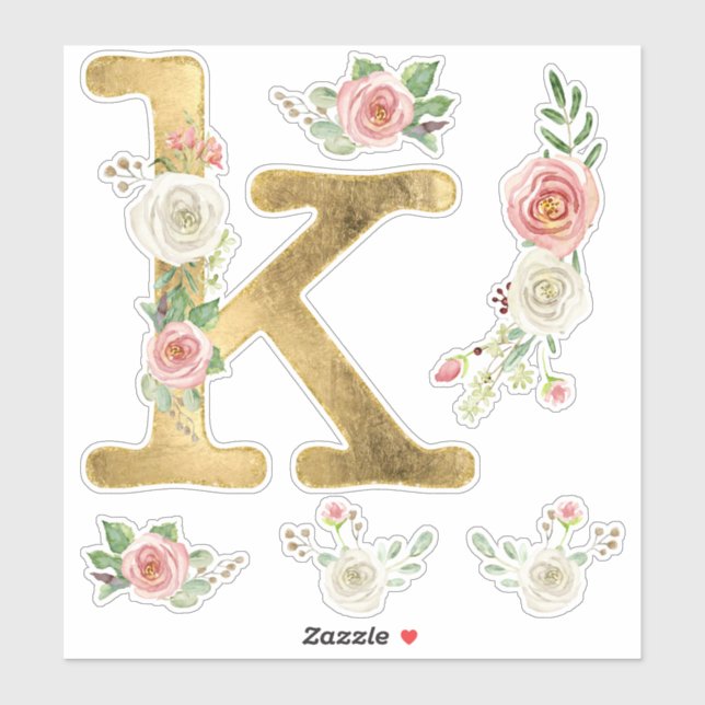 Monogram K Gold Blush White Rose Floral Aquarell Aufkleber (Blatt)