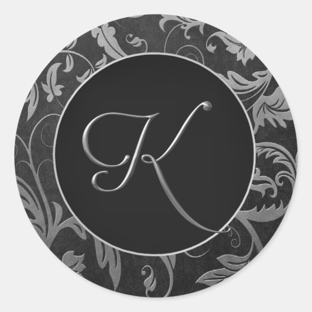 Monogram K Silver and Black Damask Wedding Siegel Runder Aufkleber (Vorderseite)