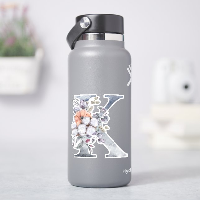 Monogram K Watercolor Blue Floral Initial K Aufkleber (HydroFlask)