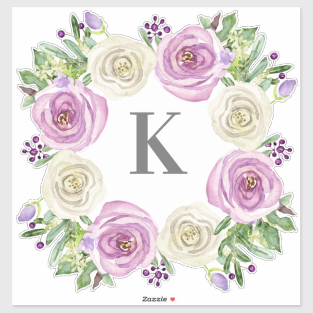Monogram K Wedding Lavender and White Roses Floral Aufkleber (Blatt)